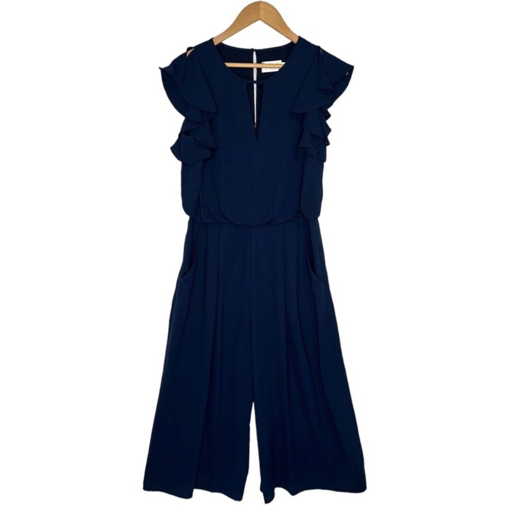 ELIZA J Womens Flutter Ruffle Sleeveless Cropped Wide Leg Jumpsuit Navy